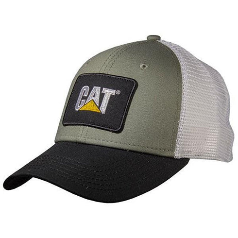 A Mossy Green cap with a black visor and mesh back, featuring a logo on the front.