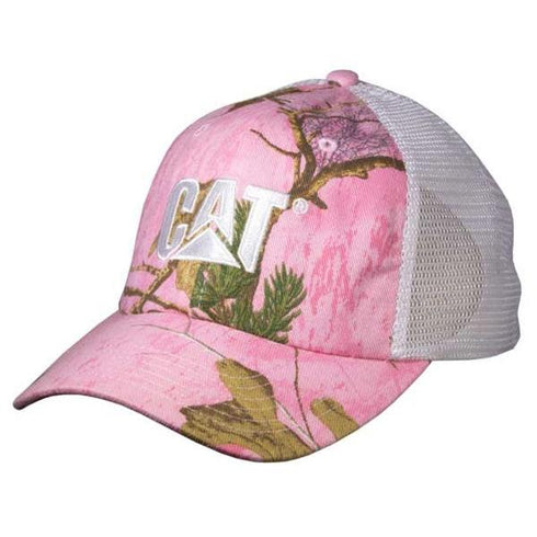 A pink camouflage cap with white mesh back, featuring the 'CAT' brand logo on the front.