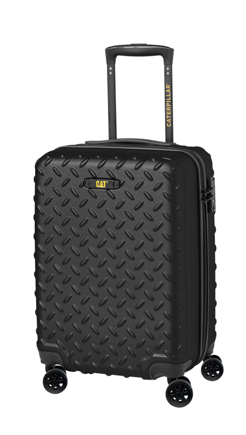A black hard-shell carry-on suitcase with a telescopic handle, top and side carrying handles, and a silent glide spinner wheel system.