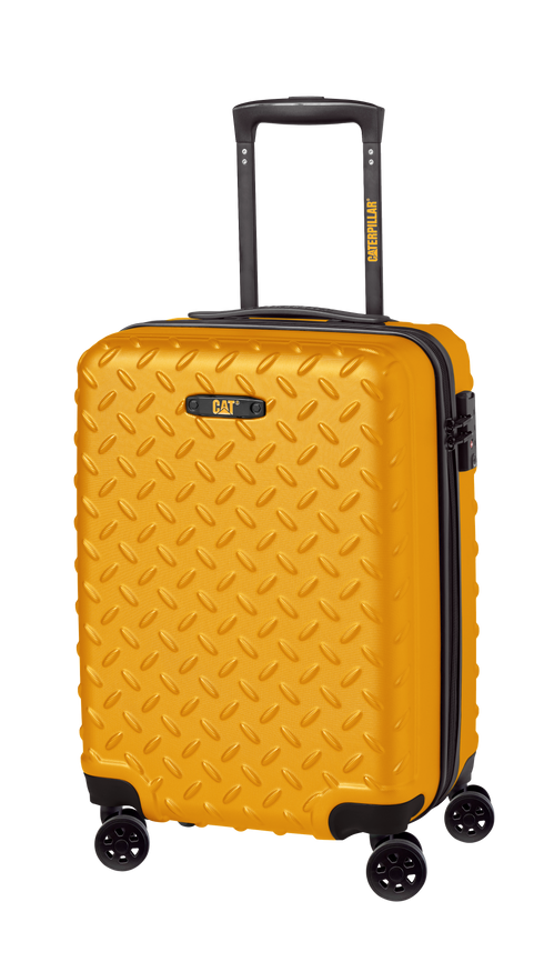 A yellow hard-shell carry-on suitcase with a telescopic handle, top and side carrying handles, and a silent glide spinner wheel system.