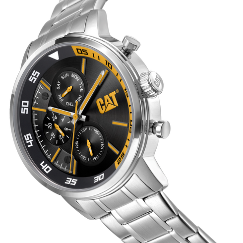 Reloj de vela con esfera negra y amarilla, acero inoxidable y correa de acero inoxidable.