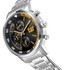 Reloj de vela con esfera negra y amarilla, acero inoxidable y correa de acero inoxidable.