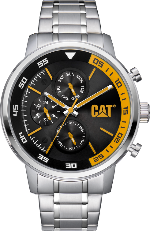 Reloj de vela con esfera negra y amarilla, acero inoxidable y correa de acero inoxidable.
