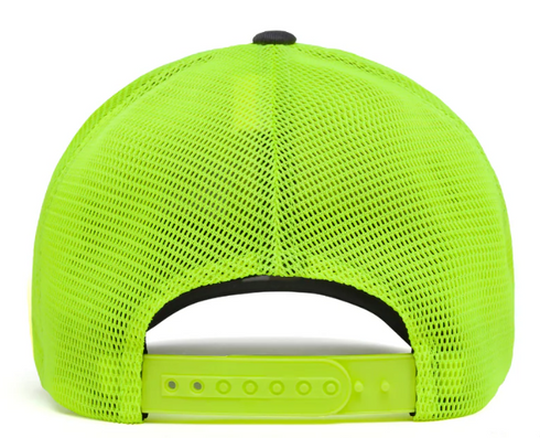 A high-visibility hat with neon green mesh in the back