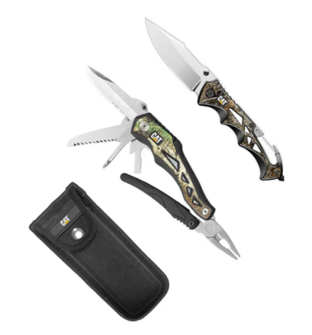 Juego de 2 herramientas multiusos y cuchillo en caja de regalo con camuflaje de árbol real