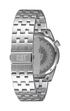 Reloj Icon con esfera negra y plateada, acero inoxidable y correa de acero inoxidable.