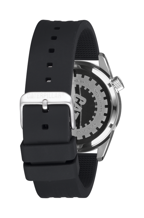 Reloj Icon de acero inoxidable con esfera negra y plateada y correa de silicona.