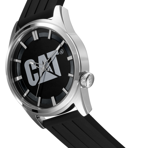 Reloj Icon de acero inoxidable con esfera negra y plateada y correa de silicona.