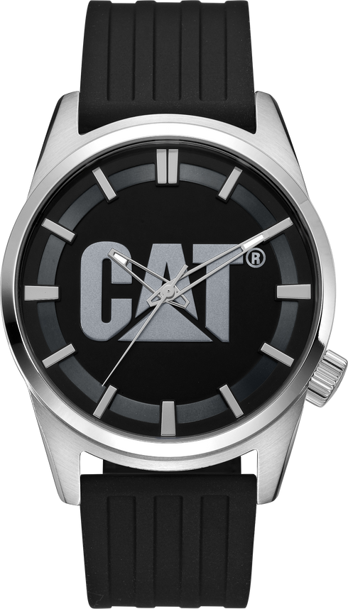 Reloj Icon de acero inoxidable con esfera negra y plateada y correa de silicona.