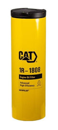 A stainless steel yellow oil filter tumbler with the Caterpillar logo and the text '1R-1808 Engine Oil Filter' on it.